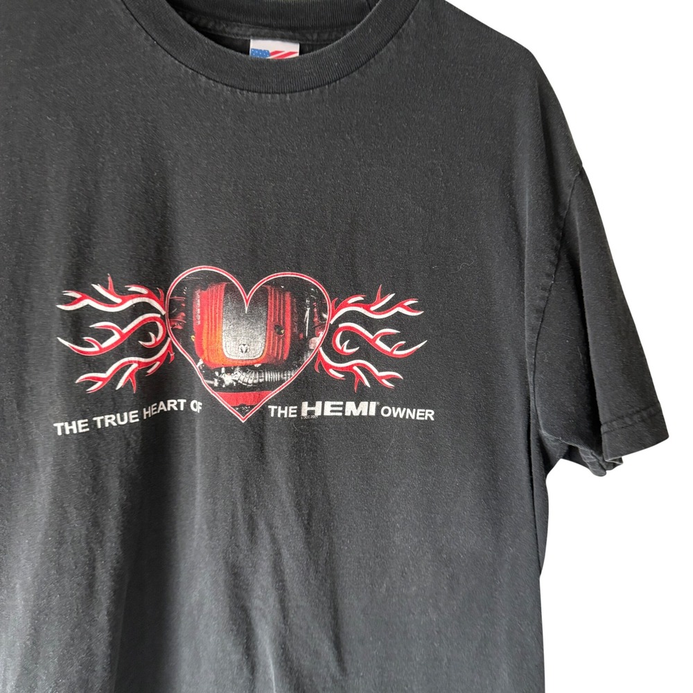 Murina Vintage Y2k Mens Black Grunge Heart Flame HEMI Owner Graphic T‎ Shirt USA